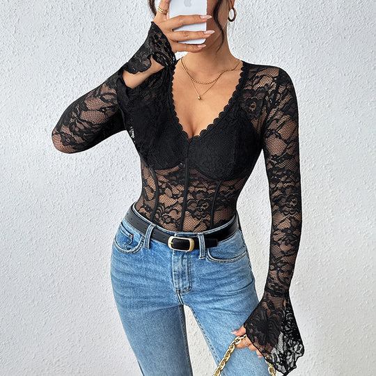 Damen Taillierter Spitzen-Corset-Body mit V-Ausschnitt, langen Trompetenärmeln und formenden Bügeln Nord Taschen