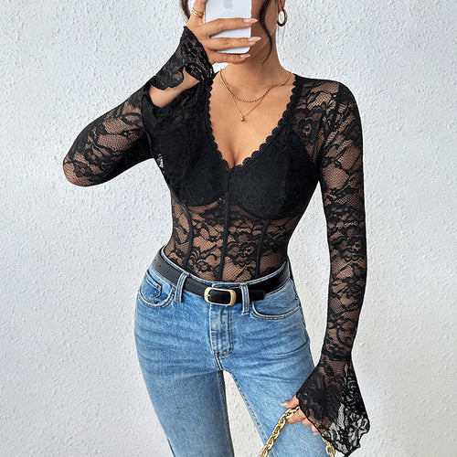 Damen Taillierter Spitzen-Corset-Body mit V-Ausschnitt, langen Trompetenärmeln und formenden Bügeln Nord Taschen