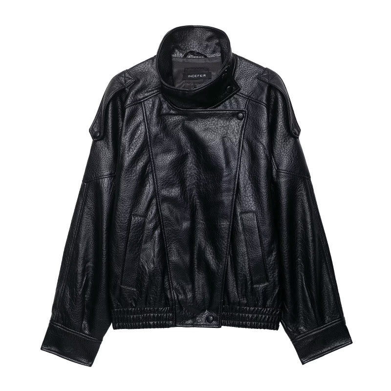 Damen Cropped Kunstleder‑Bomber mit asymmetrischer Druckknopfblende und Funnelkragen Nord Taschen