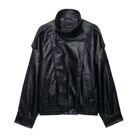 Damen Cropped Kunstleder‑Bomber mit asymmetrischer Druckknopfblende und Funnelkragen Nord Taschen