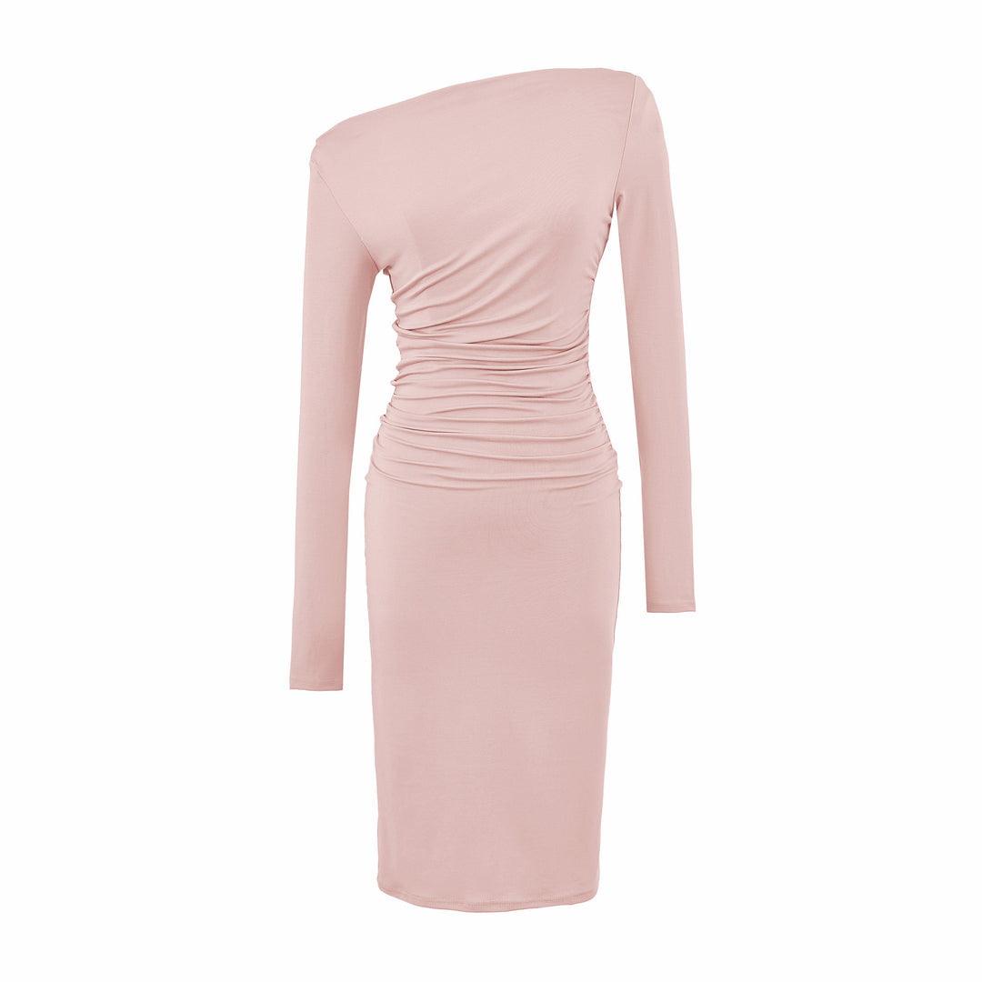 Damen Asymmetrisches Ein-Schulter-Midikleid mit Raffung und Langarm Nord Taschen