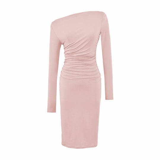 Damen Asymmetrisches Ein-Schulter-Midikleid mit Raffung und Langarm Nord Taschen