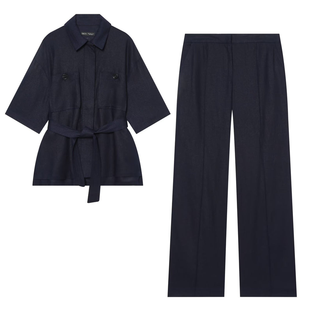 Damen Kurzjacke aus Leinen mit Taillengürtel und aufgesetzten Fronttaschen Nord Taschen