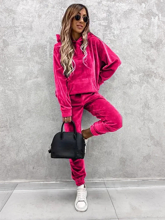 Damen luxuriöses Mikrofaser-Sportanzug mit Kapuze und Taschen