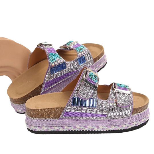 Damen bequeme Sandalen mit dekorativen Steinen und breiten Riemen