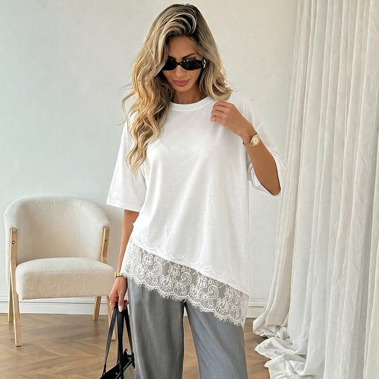 Damen Elegantes T-Shirt mit Spitzenrand Nord Taschen