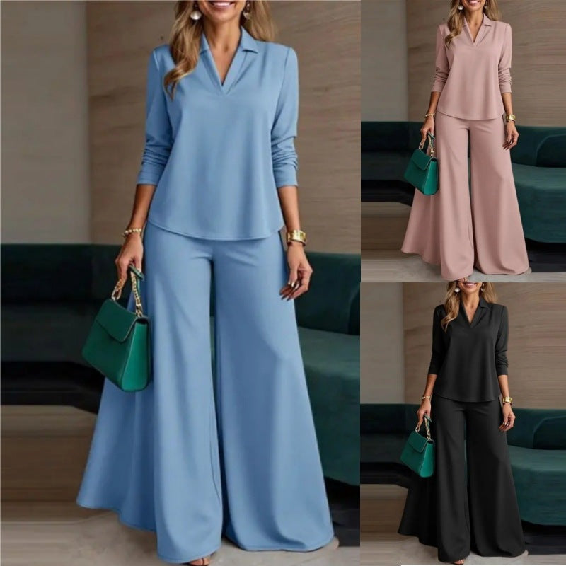 Damen Elegantes Zweiteiliges Palazzo-Set mit Hemdkragen-Top und weitem Bein Nord Taschen