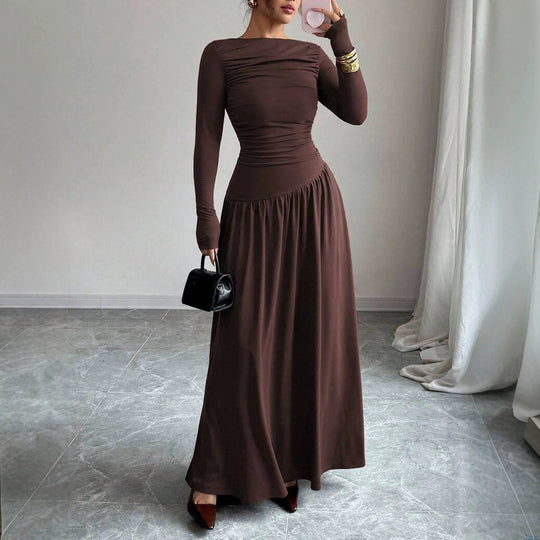 Damen Maxikleid mit gerafftem Oberteil, tailliertem Bund und Langarm Nord Taschen