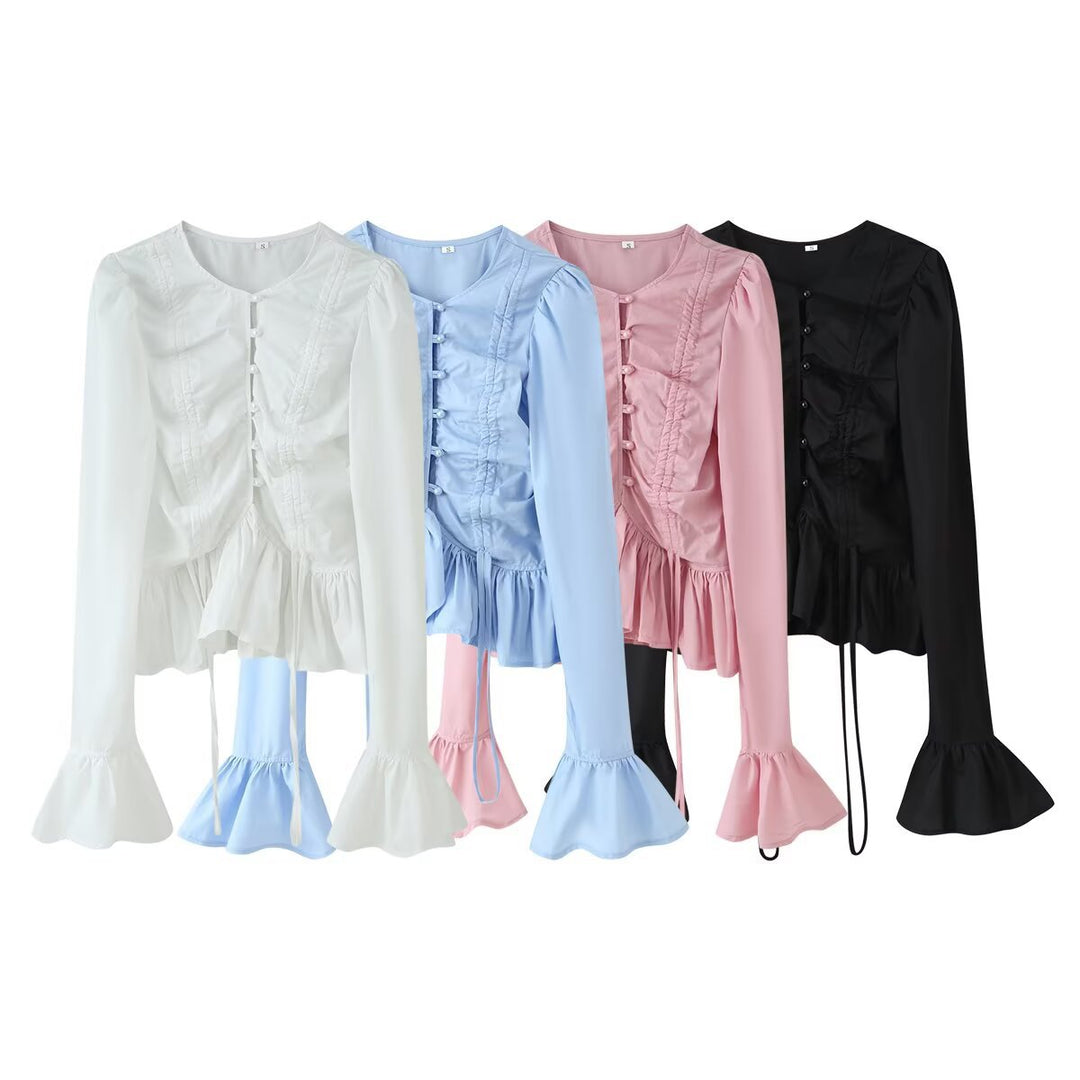 Damen Rüschenbluse mit Kordelzug, Volant-Saum und Glockenärmeln Nord Taschen