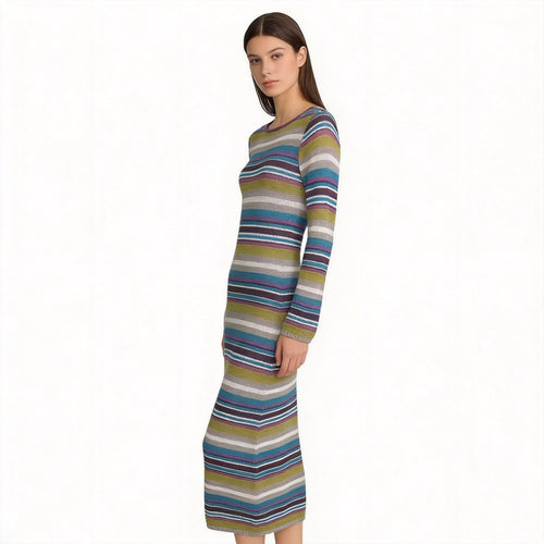 Damen Enganliegendes Feinstrick-Midikleid mit Streifenmuster und Rundhalsausschnitt Nord Taschen