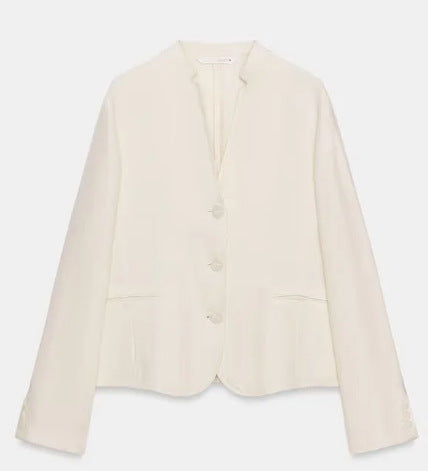 Damen Leichter kragenloser Blazerjacke mit V‑Ausschnitt, drei‑Knopfverschluss und aufgesetzten Taschen Nord Taschen
