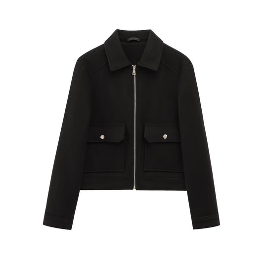 Damen Kurze Wollimitat-Fieldjacke mit durchgehendem Reißverschluss und vier aufgesetzten Pattentaschen Nord Taschen