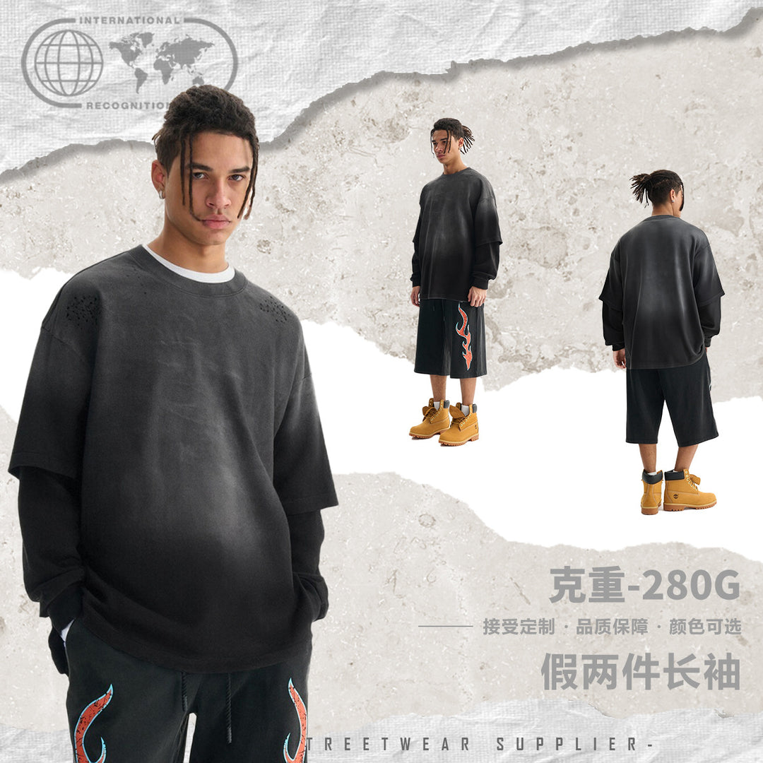 Herren Layered-Langarmshirt mit doppellagigen Ärmeln, verwaschener Vintage-Waschung und dezenten Ausfransungen Nord Taschen