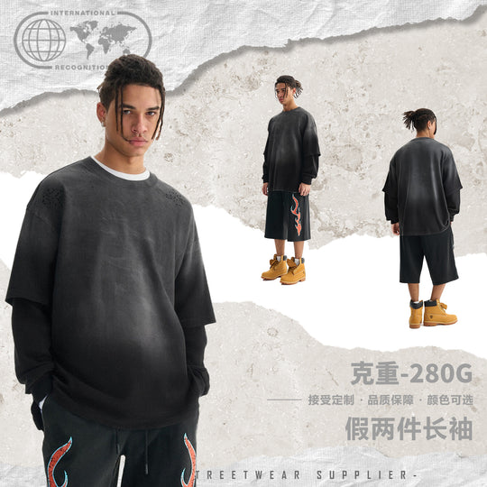 Herren Layered-Langarmshirt mit doppellagigen Ärmeln, verwaschener Vintage-Waschung und dezenten Ausfransungen Nord Taschen
