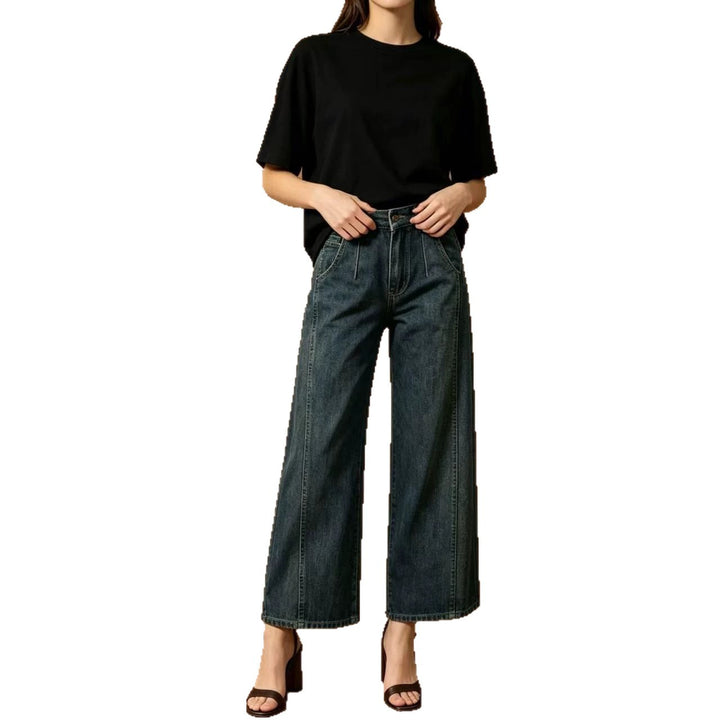 Damen hohe Taille Plissée Wide-Leg-Denimhose mit verkürztem Bein und dekorativen Vorderfalten Nord Taschen