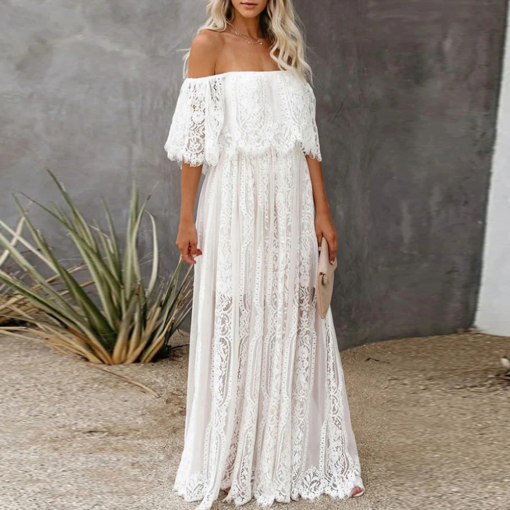 Damen Maxikleid mit eleganter Spitze und schulterfreiem Design