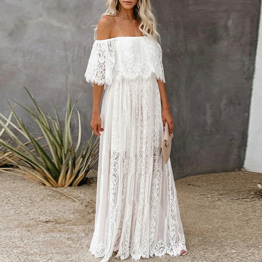 Damen Maxikleid mit eleganter Spitze und schulterfreiem Design
