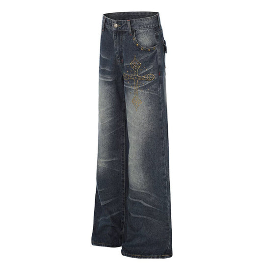 Damen Weite High‑Waist Palazzo-Jeans mit Zierstein‑Kreuzapplikation Nord Taschen