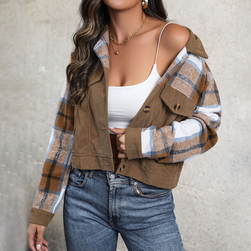 Damen Modische Karo-Cordjacke Nord Taschen