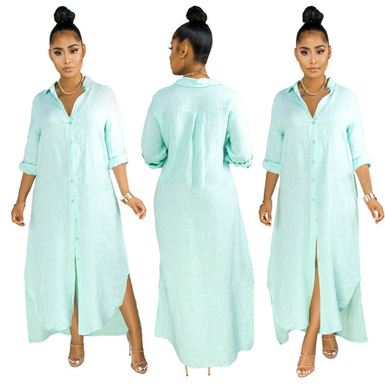 Damen lässiges Hemdkleid mit seitlichen Schlitzen und langfristiger Passform