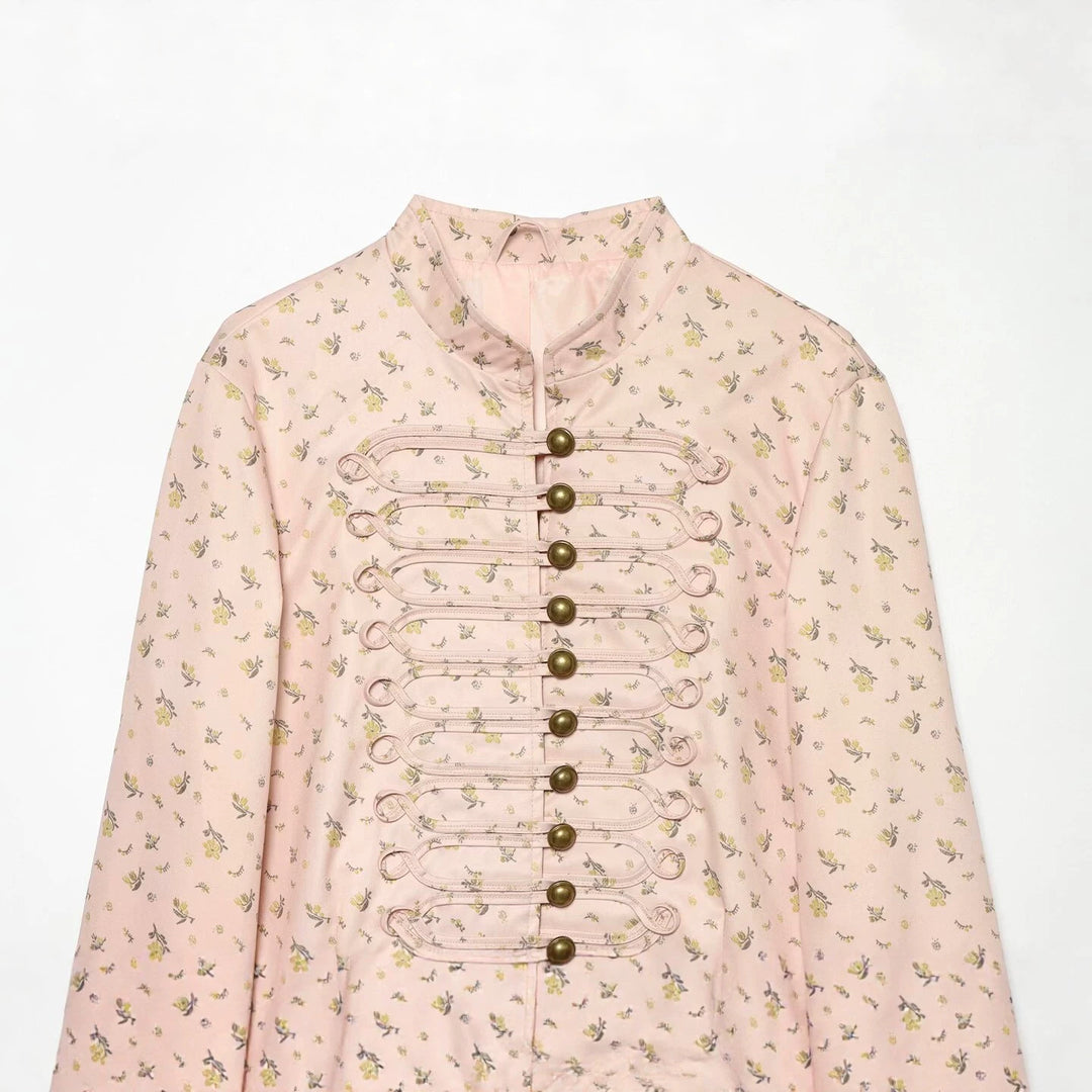 Damen Kurz geschnittene Satin-Militärjacke mit dekorativen Froschverschlüssen und Blumenprint Nord Taschen