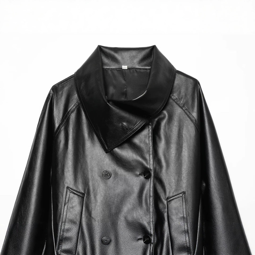 Damen Cropped Kunstlederjacke mit weitem Funnelkragen und doppelreihiger Knopfleiste Nord Taschen