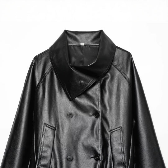 Damen Cropped Kunstlederjacke mit weitem Funnelkragen und doppelreihiger Knopfleiste Nord Taschen