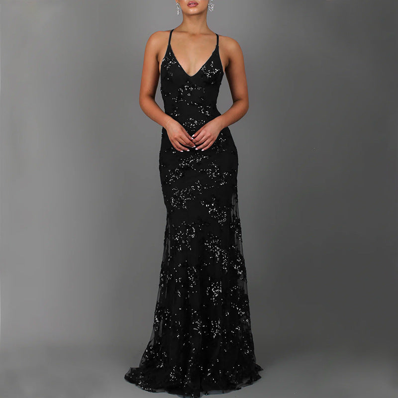Damen Glamouröses langes Abendkleid mit Pailletten und tiefem V-Ausschnitt