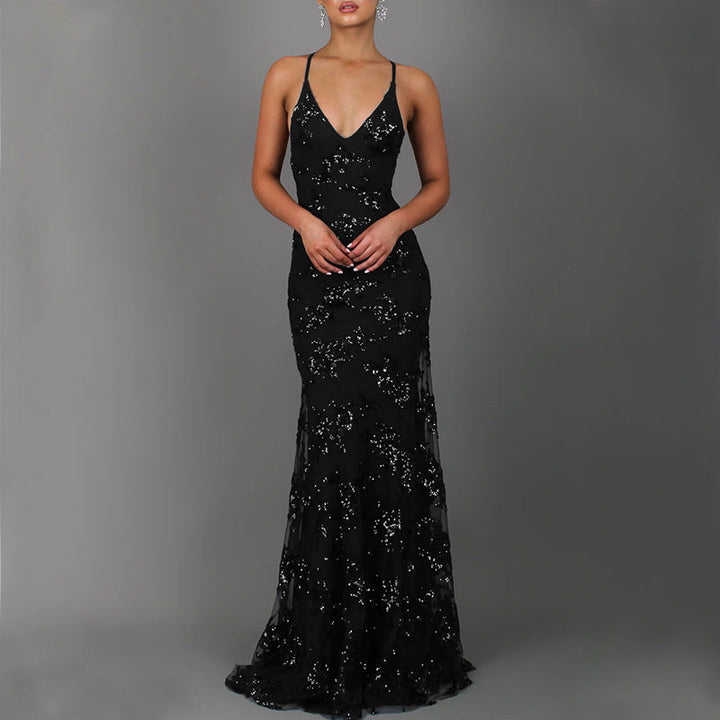 Damen Glamouröses langes Abendkleid mit Pailletten und tiefem V-Ausschnitt