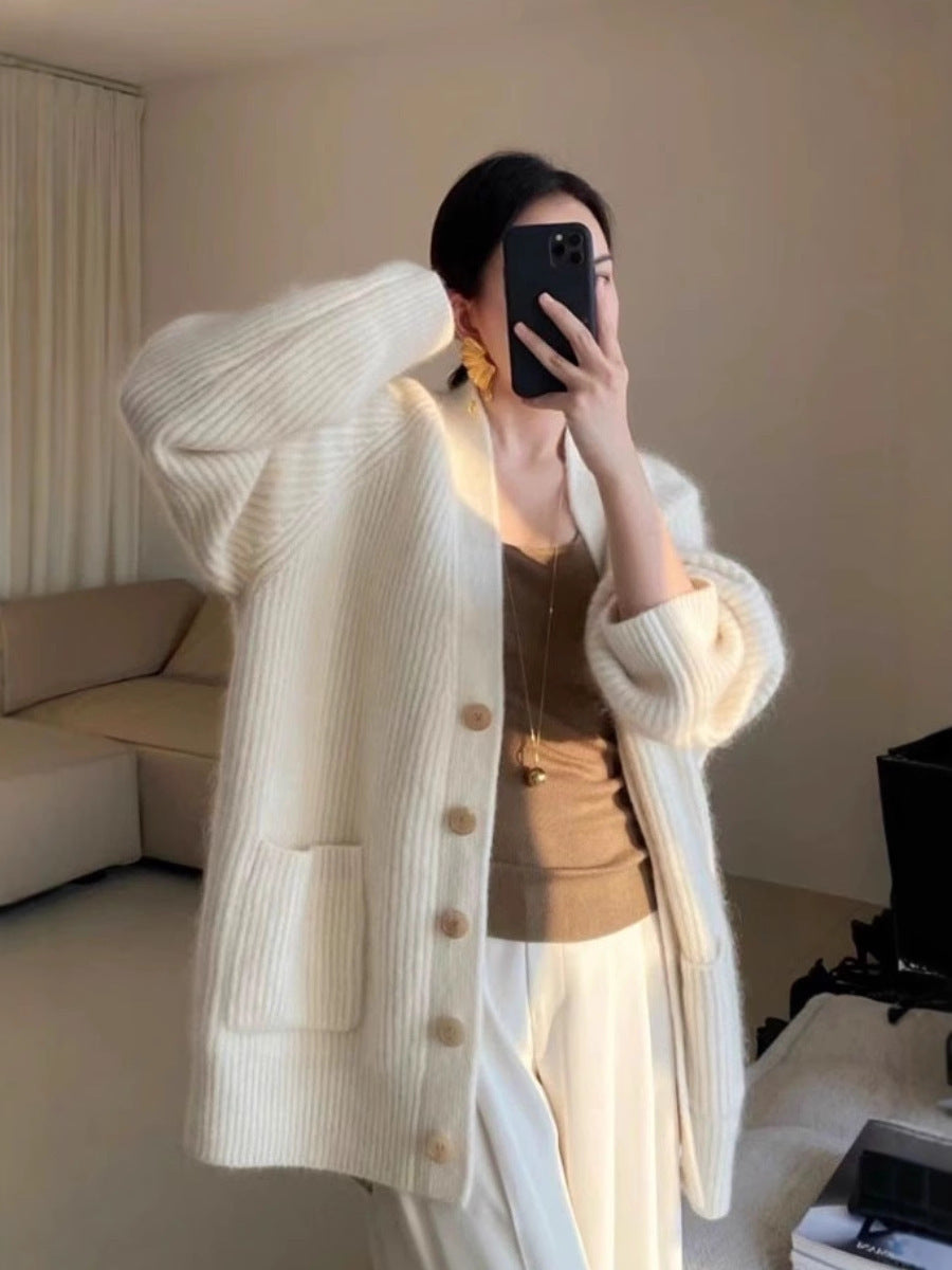 Damen Langer Oversize-Cardigan aus weichem Rippstrick mit Holzknopfleiste Nord Taschen