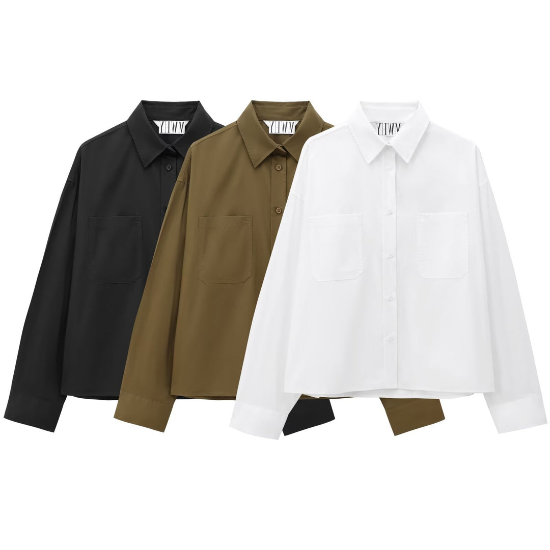 Damen Boxy-Cropped-Hemdjacke mit aufgesetzten Brusttaschen Nord Taschen