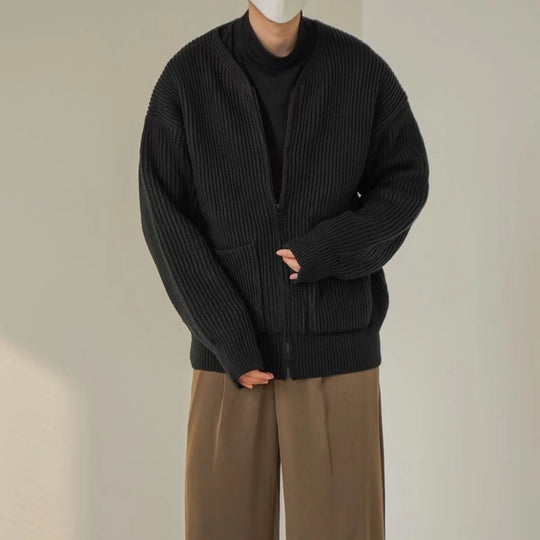 Unisex Oversized Boxy-Strickjacke mit verdecktem Reißverschluss und breiter Rippenstruktur Nord Taschen