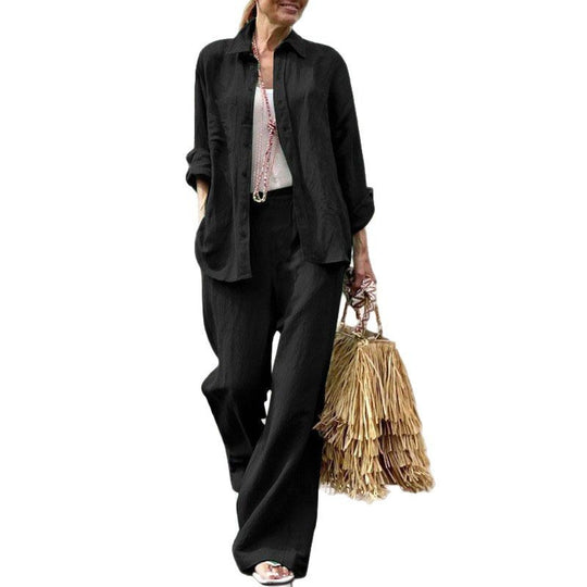 Damen Leichtes Leinen-Zweiteiler-Set mit lockerer Hemdbluse und weiter High-Waist-Hose Nord Taschen