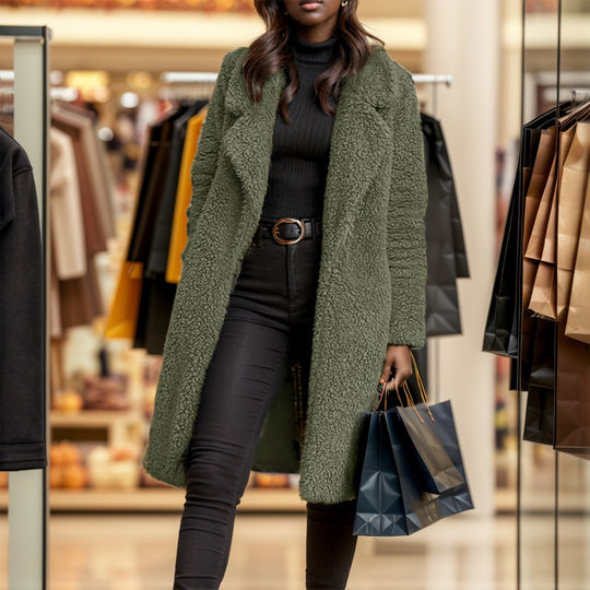 Damen Langer Teddy-Mantel aus Kunstfell mit Oversize-Schnitt und Schalkragen Nord Taschen