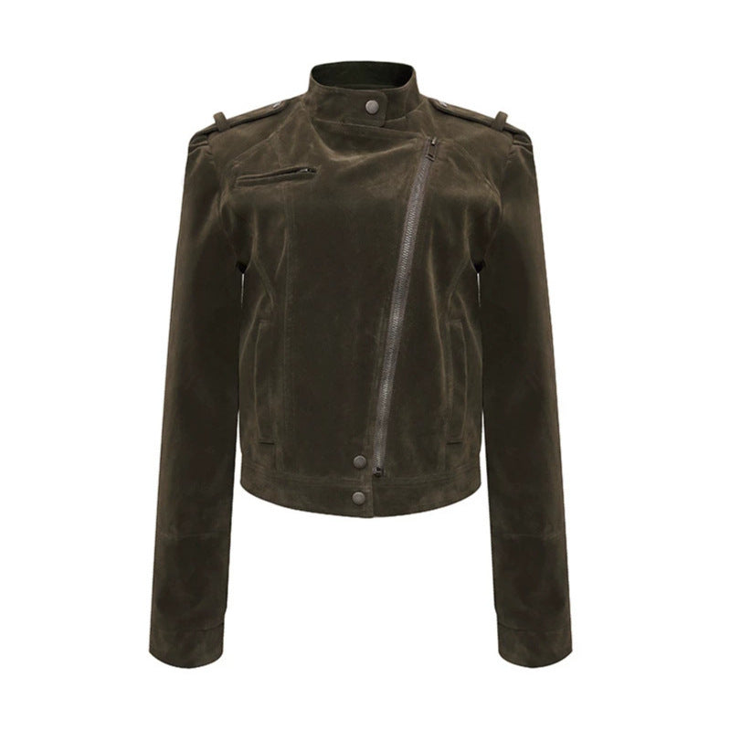 Damen Kurze Veloursleder-Bikerjacke mit asymmetrischem Reißverschluss und Stehkragen Nord Taschen