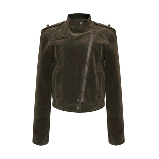 Damen Kurze Veloursleder-Bikerjacke mit asymmetrischem Reißverschluss und Stehkragen Nord Taschen