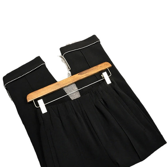 Damen Hochtaillierte Bundfaltenhose mit elastischem Bund und perlenbesetztem Saum Nord Taschen