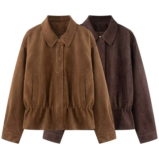 Damen Boxy‑Blousonjacke aus Veloursimitat mit taillierendem Tunnelzug und verdeckter Front Nord Taschen