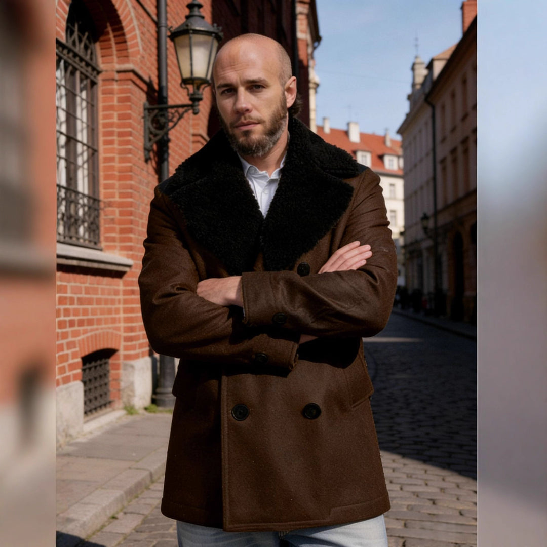Herren Doppelreihiger Kurzmantel aus Wollmix mit großem Teddykragen Nord Taschen