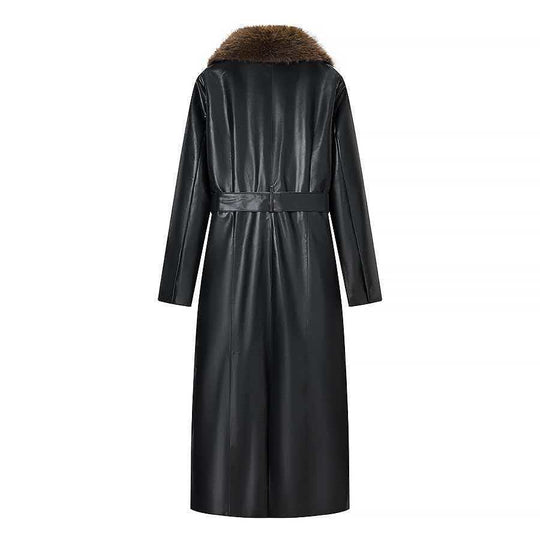 Damen Langer Ledermantel mit abnehmbarem Fellkragen und minimalistischer Silhouette Nord Taschen