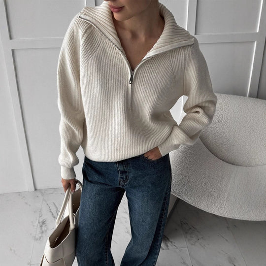 Damen Gerippter Wollmix-Pullover mit halbem Reißverschluss und weitem Stehkragen Nord Taschen
