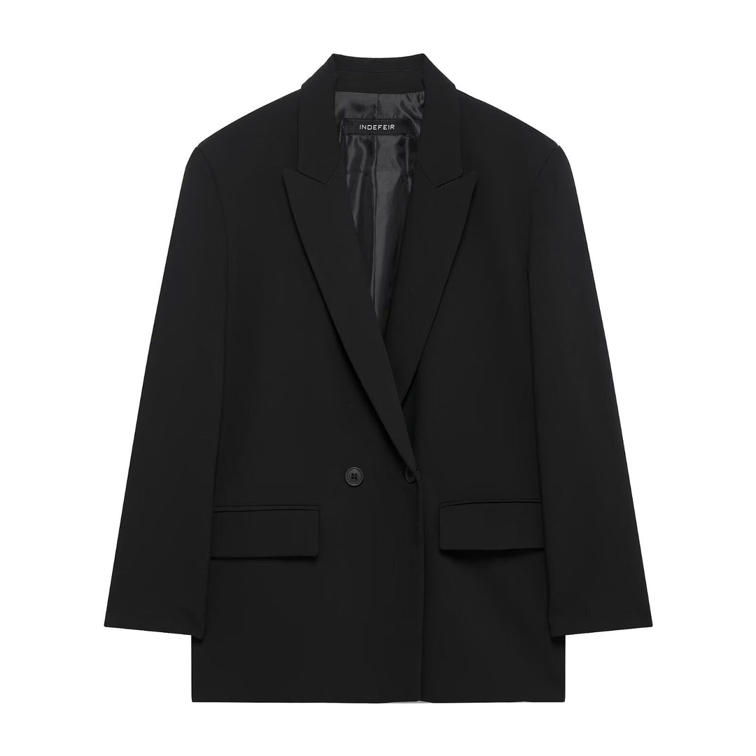 Damen Langer Zweireihiger Blazer-Mantel mit Oversize-Schnitt und Pattentaschen Nord Taschen