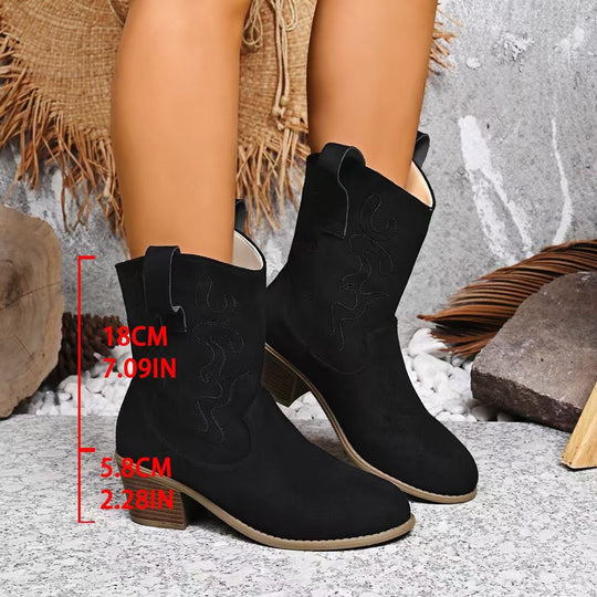 Damen Kurzschaft-Ankleboots im Westernstil aus Velours mit gestickter Ziernaht und Blockabsatz Nord Taschen