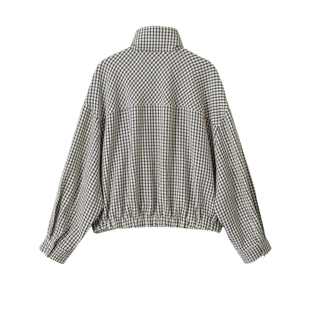 Damen Oversize Kurzblouson im Karo-Design mit hohem Stehkragen und Tunnelzugsaum Nord Taschen