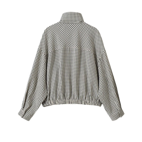 Damen Oversize Kurzblouson im Karo-Design mit hohem Stehkragen und Tunnelzugsaum Nord Taschen