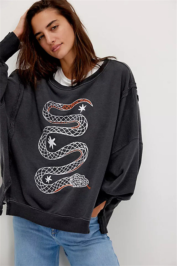 Damen oversized Sweatshirt mit Rüben-Print, ausgefransten Nahtakzenten und Daumenlochärmeln Nord Taschen