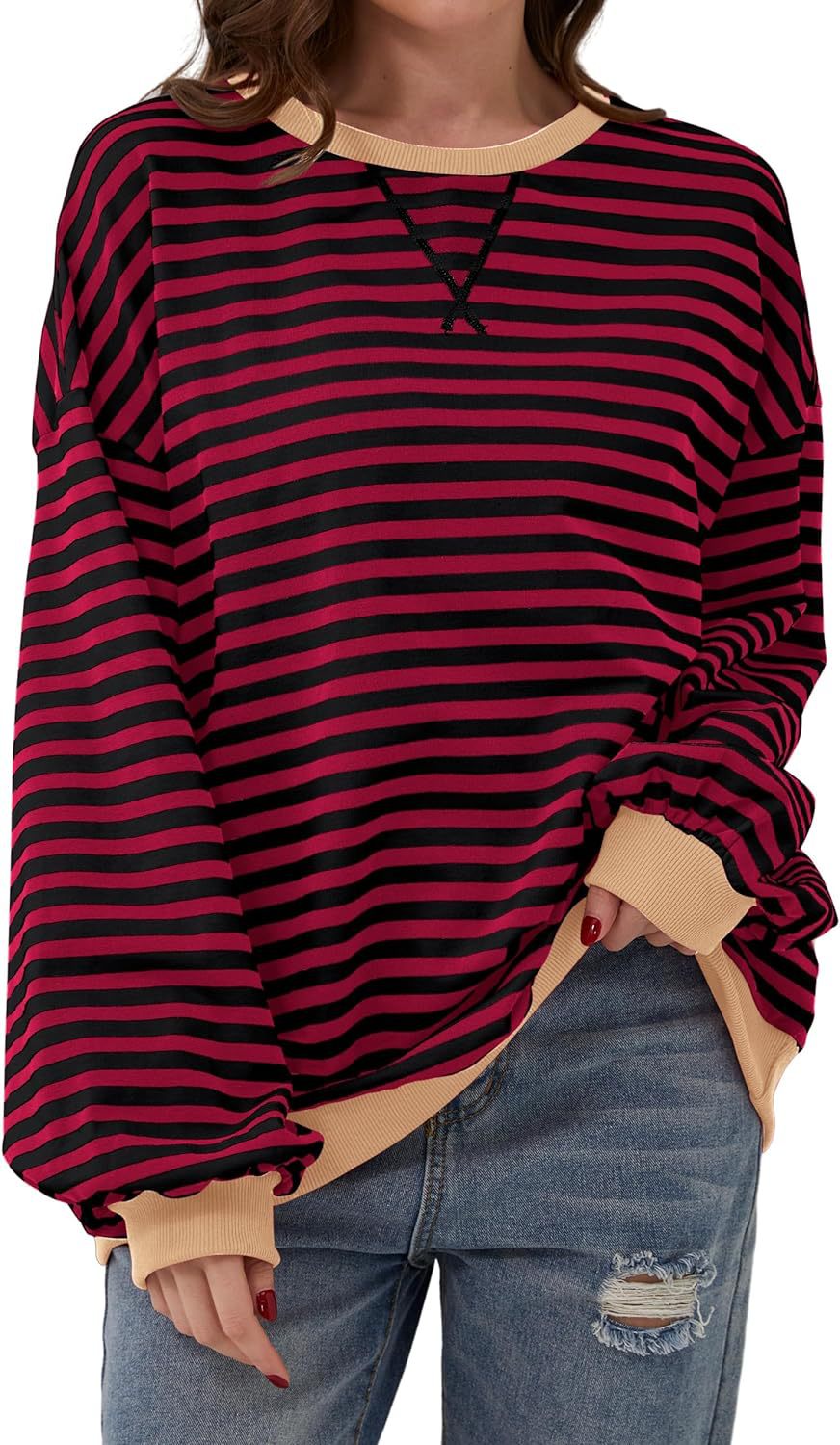 Damen lässiger Oversized Sweatshirt mit bunten Streifen und Kapuzenkordel