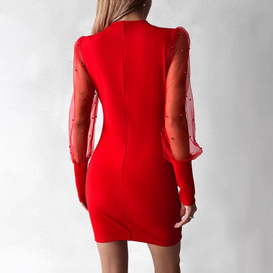 Damen Wickelkleid mit eleganten transparenten Ärmeln und schimmerndem Detail