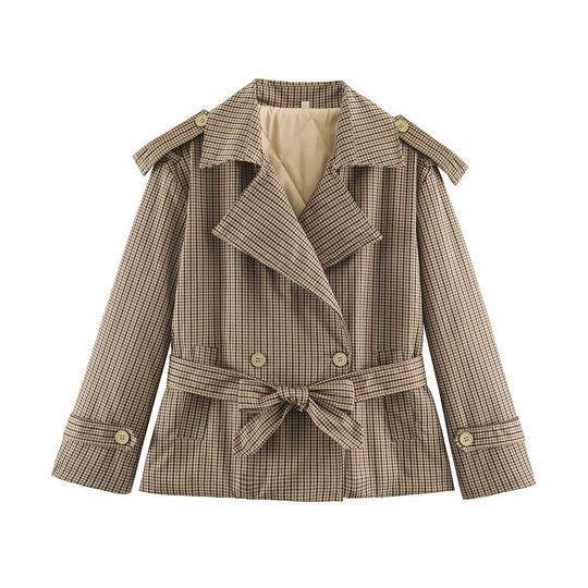 Damen Kurztrenchjacke im Karo-Look mit Taillengurt, Schulterriegeln und gesteppter Innenfütterung Nord Taschen