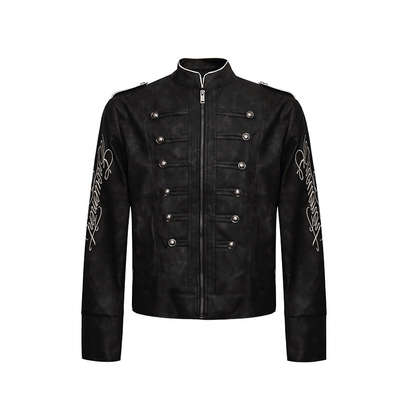 Herren Military-inspirierte Lederjacke mit Stehkragen, Zierknopfreihen und bestickten Ärmeln Nord Taschen